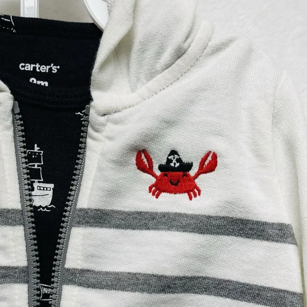 Carter's Baby Boy 3 Piece Crab Striped Zipper Hoodie Bodysuit Joggers Size 9M